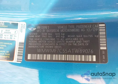 2010 Mini Cooper S z USA, uszkodzony, nr VIN WMWMF7C55ATW89076